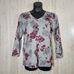 Ellen Tracy Gray Floral V-Neck Sweater Sz Lg